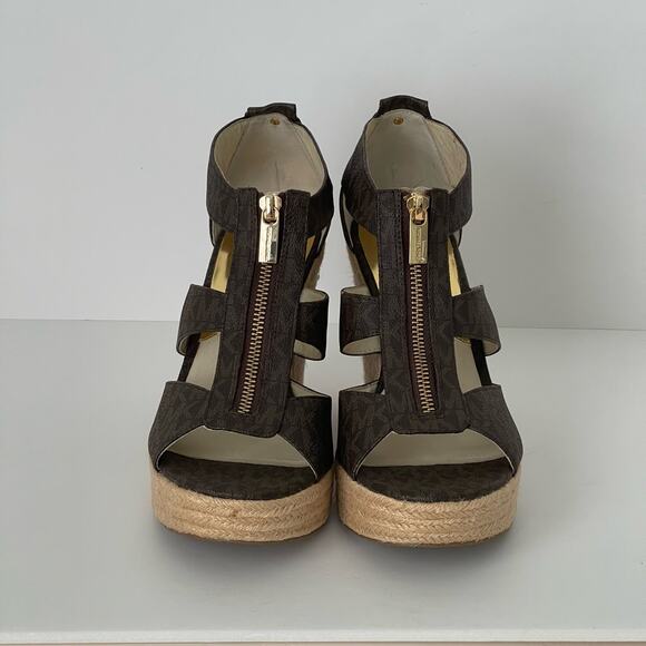 Signature Logo Michael Michael Kors Leather Brown Wedge Espadrilles Size 9.5 - Picture 1 of 13